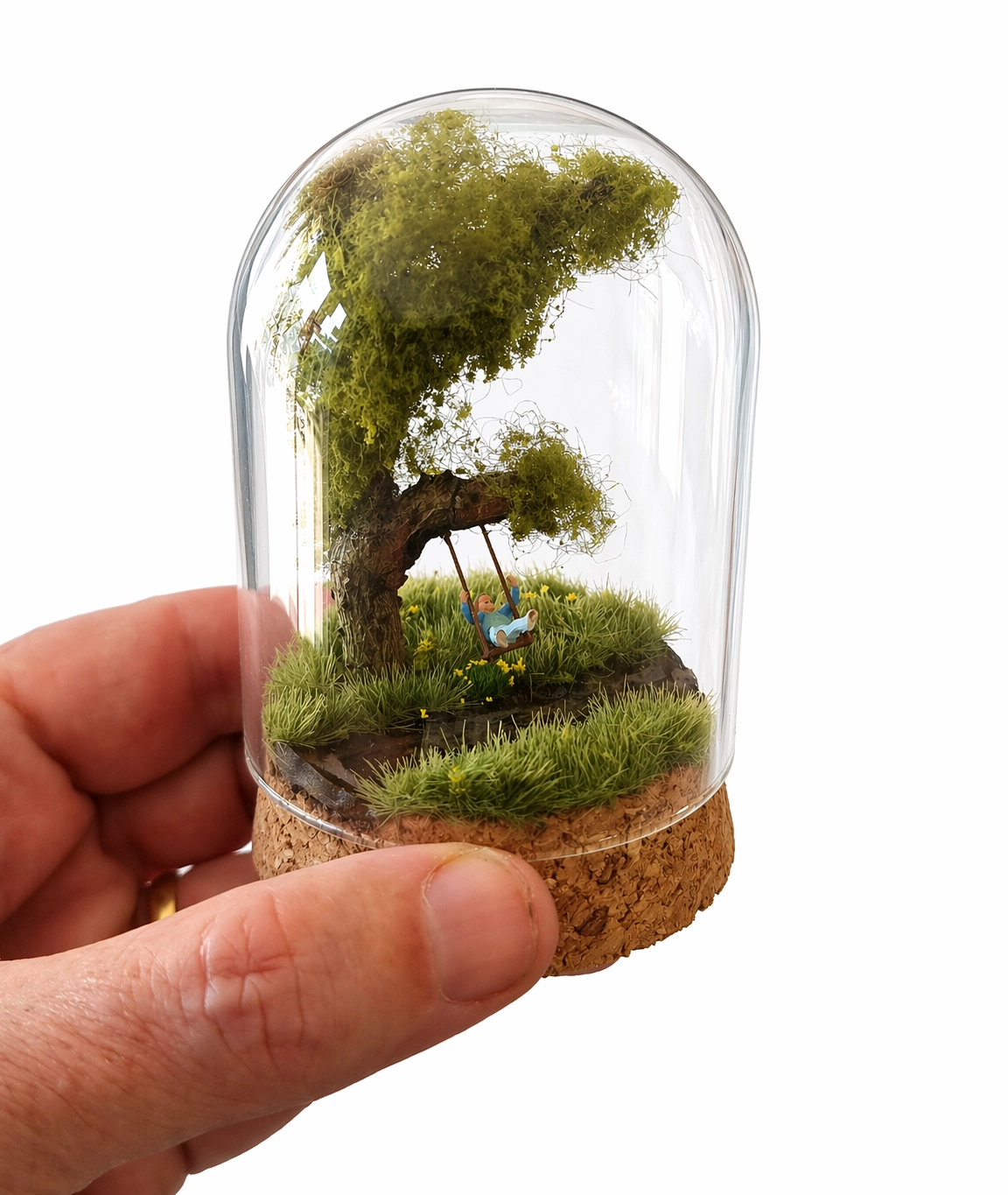 Boy on Swing miniature diorama in a glass bell jar